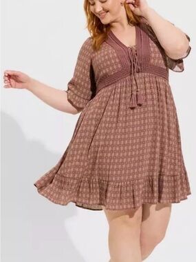 Torrid Mini Washable Gauze Lace Up Tiered Dress - Rose Taupe - 3x